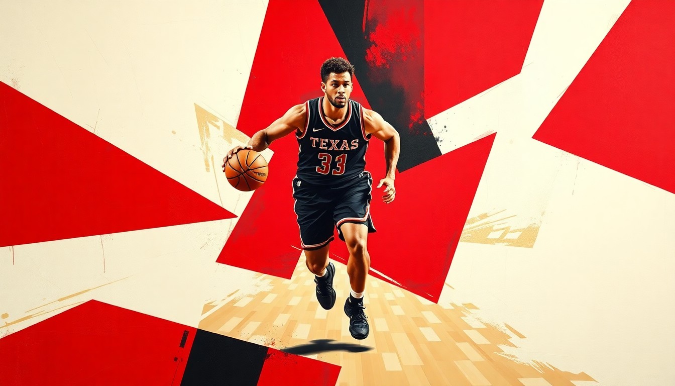 A fragmented, cubist-style painting depicting a Texas Tech basketball player in motion, with their body and the basketball court broken down into sharp, angular geometric shapes in the team's red and black colors.