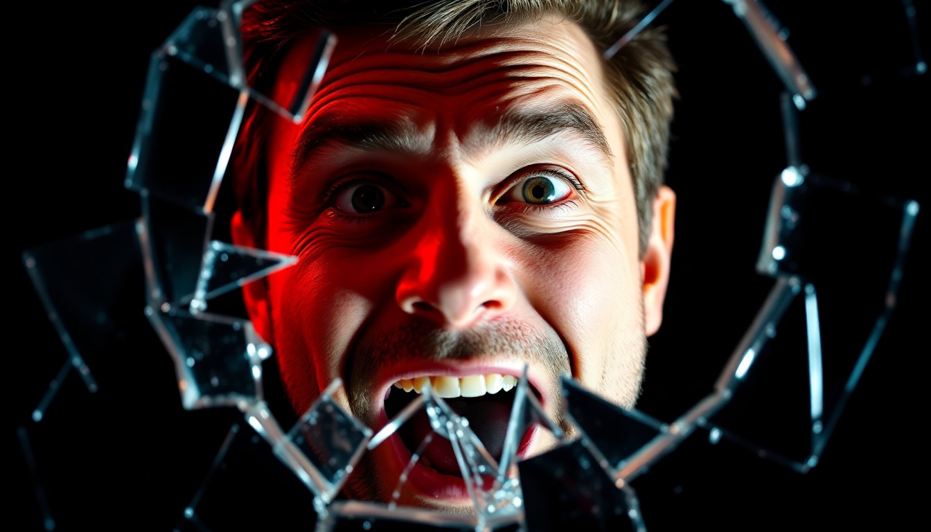 An abstract close-up photograph of a shattered glass surface reflecting a distorted human face, conveying the conceptual theme of the tension between online popularity and live comedy skills in the evolving entertainment industry.