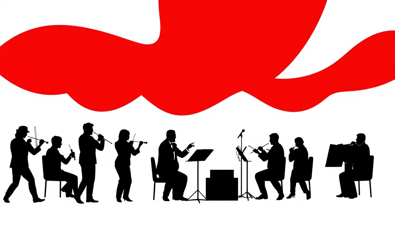 An abstract, minimalist illustration featuring bold black silhouettes of musical instruments and performers against a vibrant red and white background, capturing the energy and excitement of the lunchtime concert series.