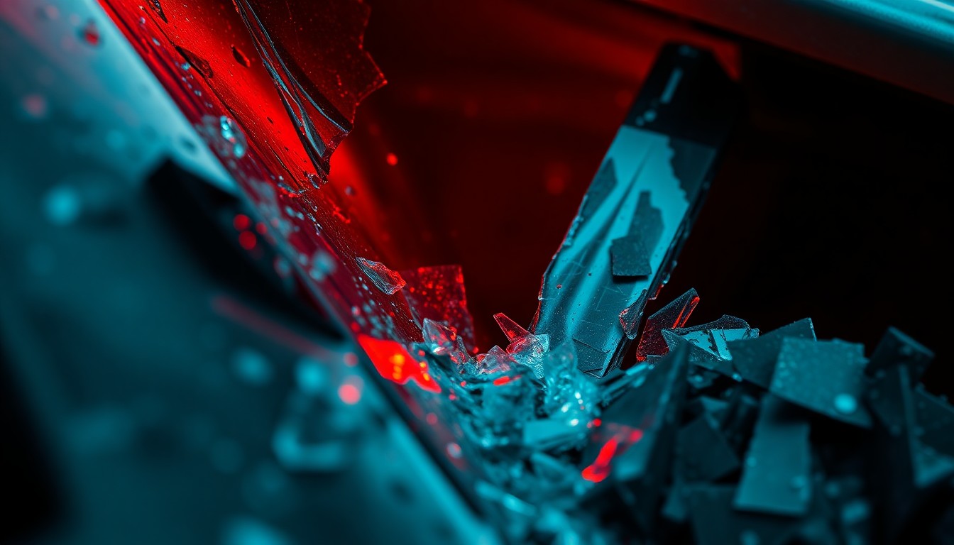 An abstract, high-contrast close-up photograph of shattered glass and crumpled metal from a car crash, conveying the chaos and damage of the incident.