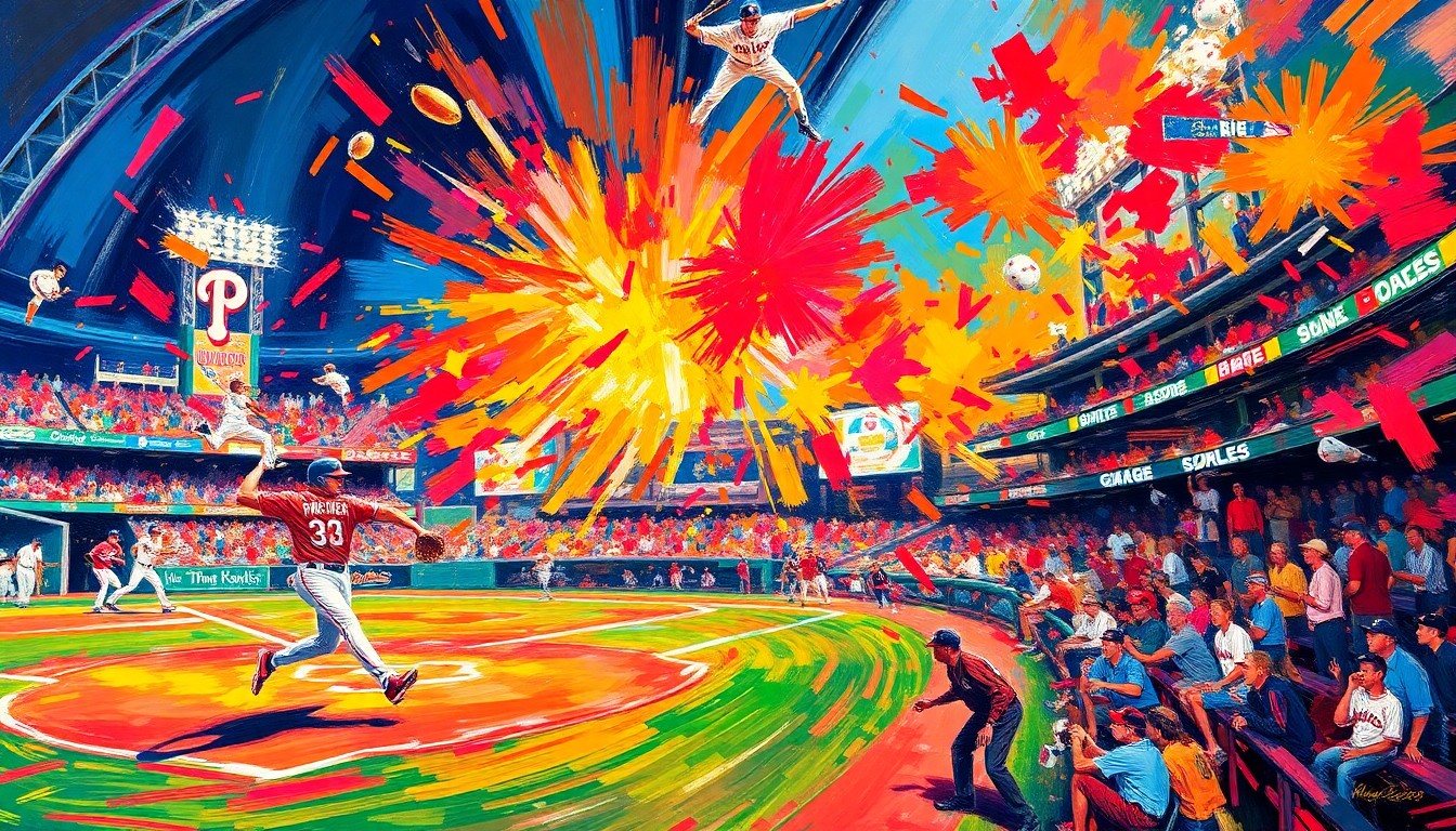 An abstract, energetic painting featuring bold brushstrokes in neon shades of red, blue, and yellow, capturing the dynamic motion and intensity of a baseball game.