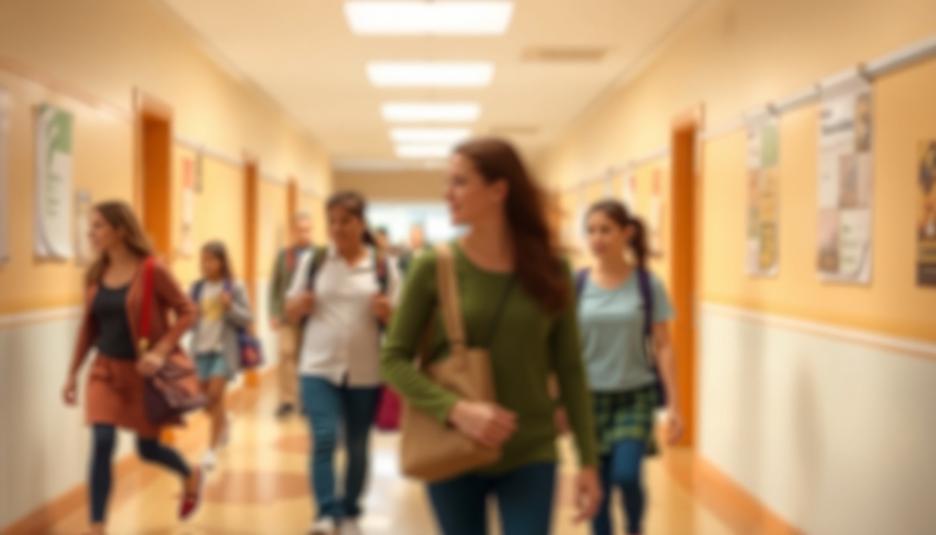 An abstract, out-of-focus photograph depicting the blurred shapes of students and teachers in a school hallway or classroom, conveying a sense of community and education through warm, muted colors and soft, hazy light.