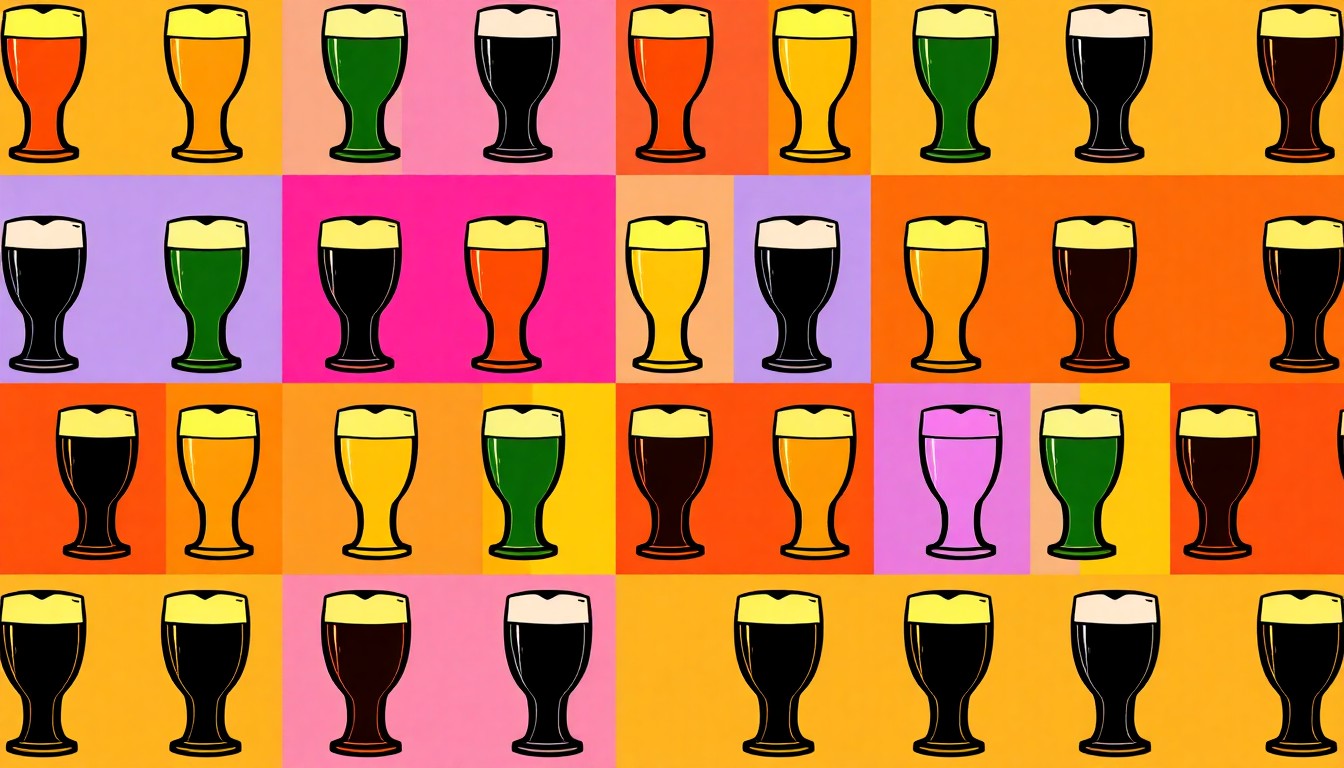 A bold, colorful silkscreen-style illustration featuring a repeating pattern of a craft beer glass in vibrant neon hues, conceptually representing the festive and community-driven spirit of New York Craft Beer Day.