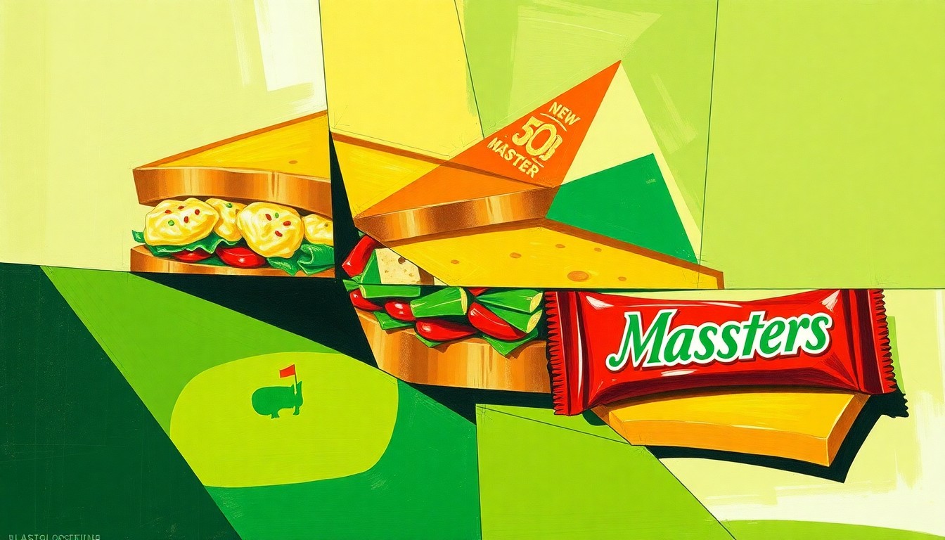 A cubist, geometric painting depicting the iconic Masters concession menu items in a fractured, multi-perspective style, using vibrant colors to capture the energy and tradition of the event.