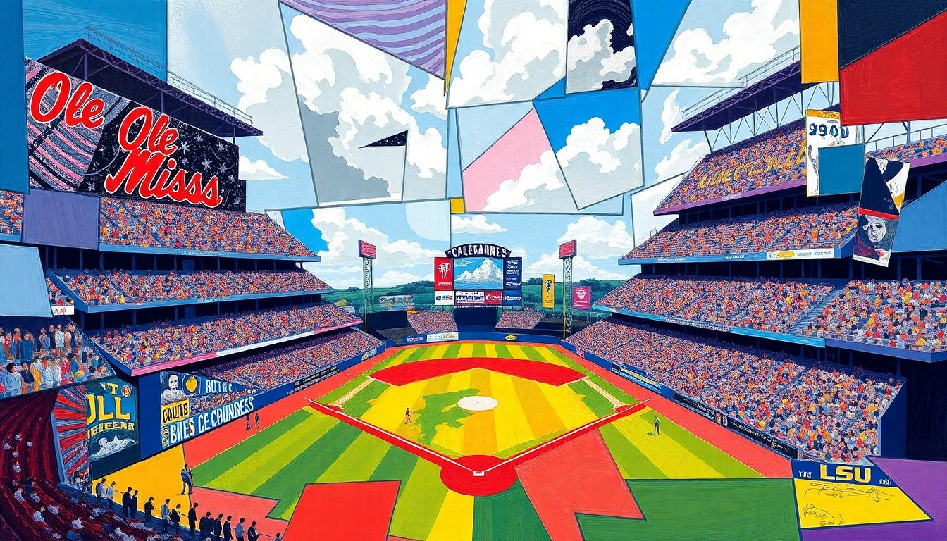 A cubist, geometric painting featuring the overlapping, fragmented shapes and vibrant colors of a college baseball game, capturing the intensity and energy of the matchup between the Ole Miss Rebels and LSU Tigers.