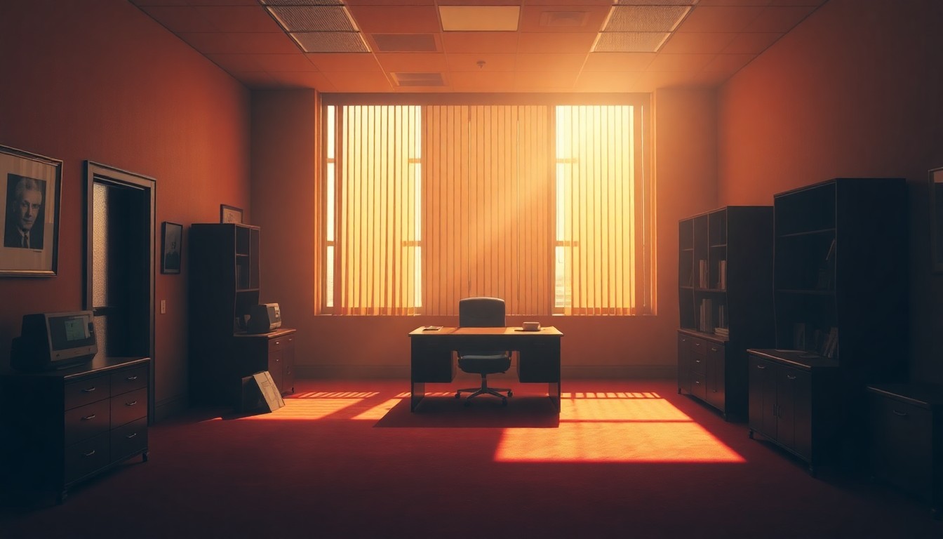 A dimly lit, cinematic painting of an empty political office space, with warm sunlight streaming in through the windows and deep shadows casting a sense of uncertainty and disarray.