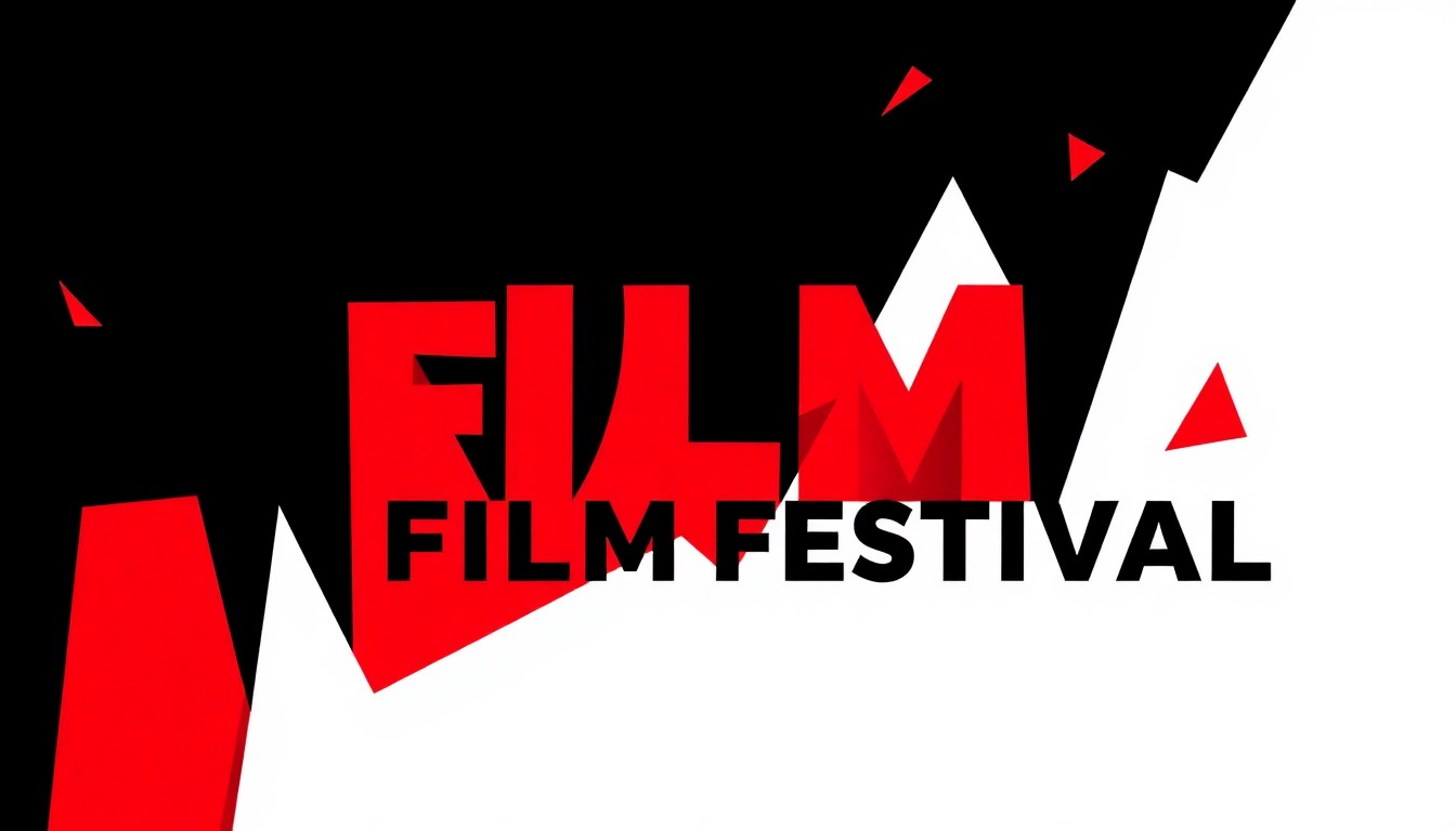 An abstract, minimalist illustration featuring sharp, overlapping shapes in black, white, and red, conveying the vibrant energy and global scope of the Indy Film Fest.