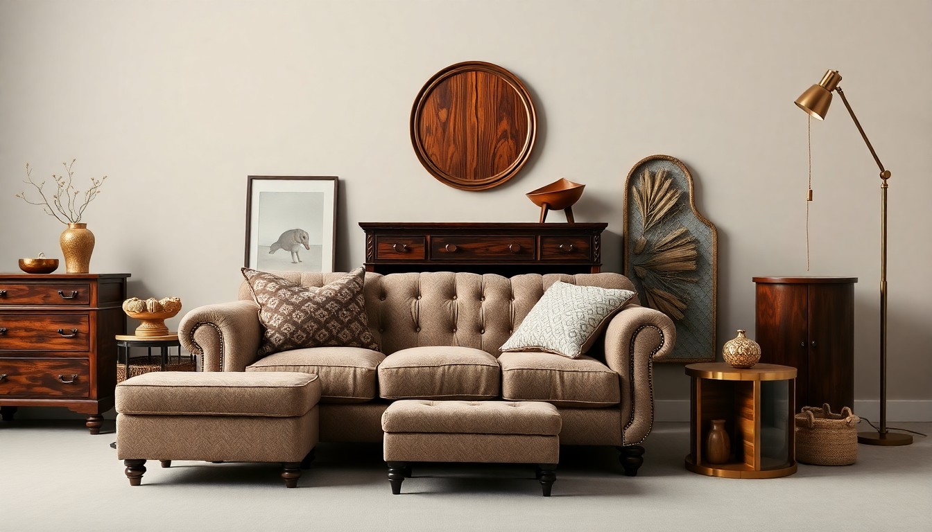 A high-end, photorealistic studio still-life photograph featuring a collection of premium furniture materials and textures, such as polished wood, plush upholstery, and gleaming metal hardware, arranged elegantly on a clean, monochromatic seamless background, conveying a sense of uncertainty and transition.