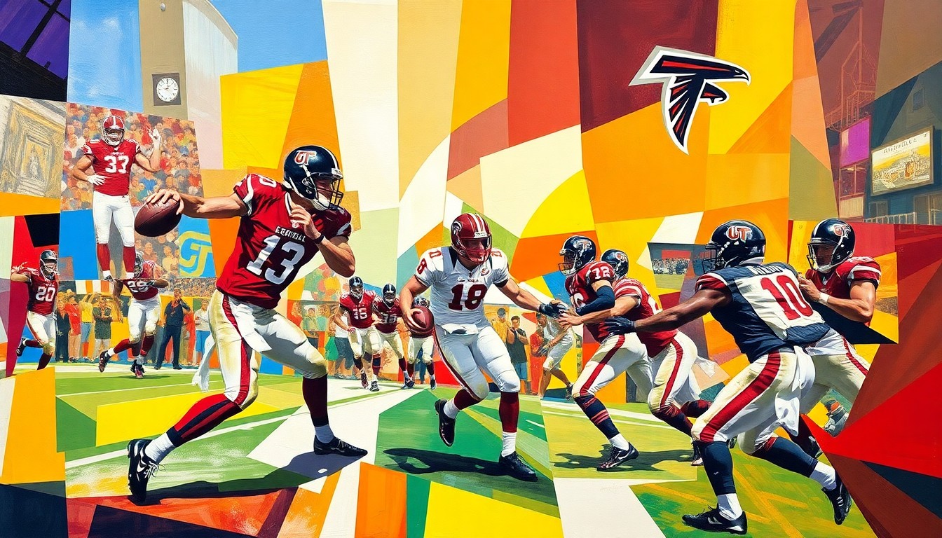 A fragmented, geometric painting depicting the fluid motion of a football player, with sharp planes of color representing the different perspectives and energy of the game.