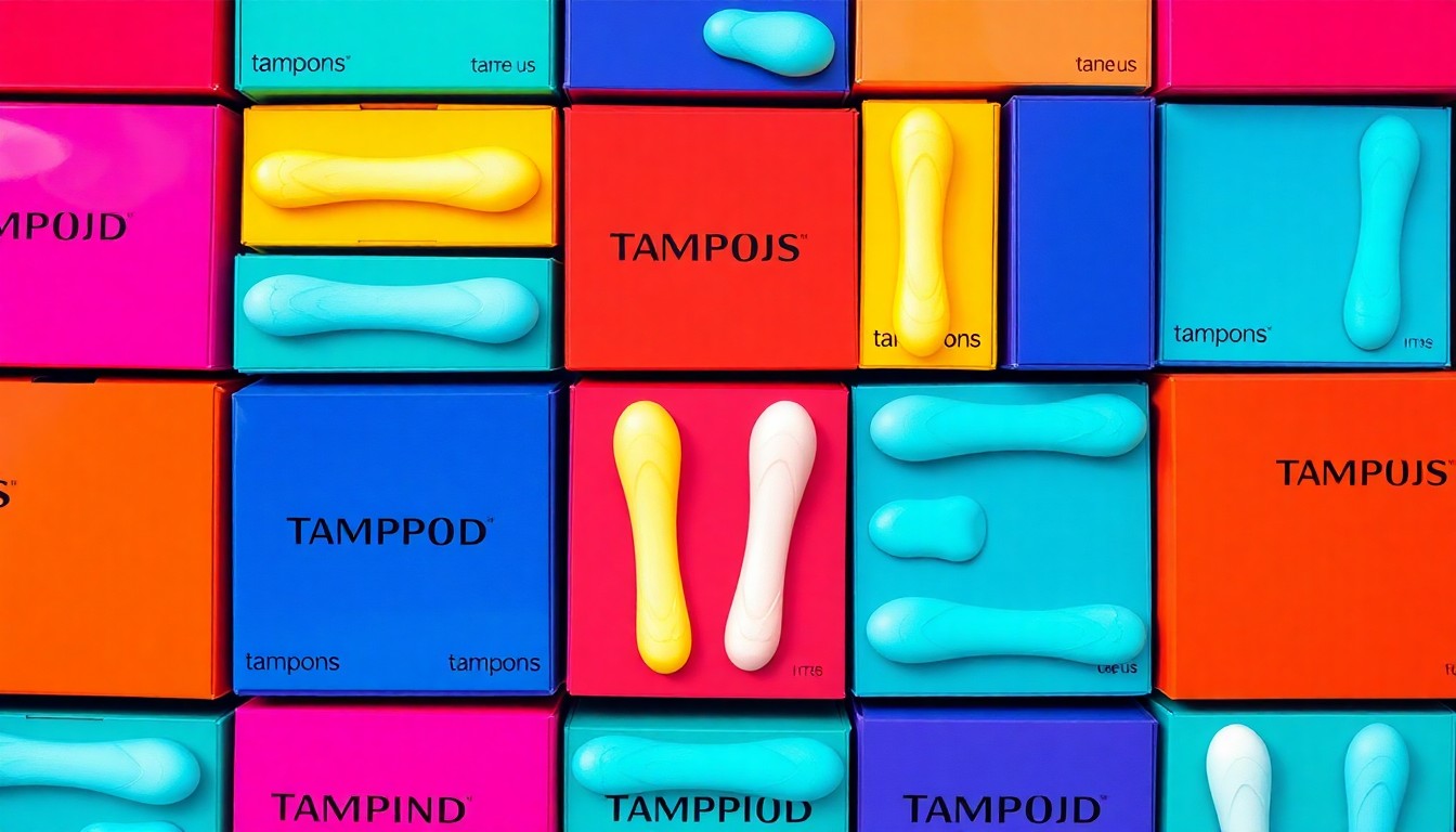 A high-contrast, silkscreen-style illustration of a box of tampons or pads repeated in a grid, using bright neon colors and heavy black outlines to transform an everyday item into a striking pop art piece that conceptually represents the mission of a nonprofit focused on menstrual health and period poverty.