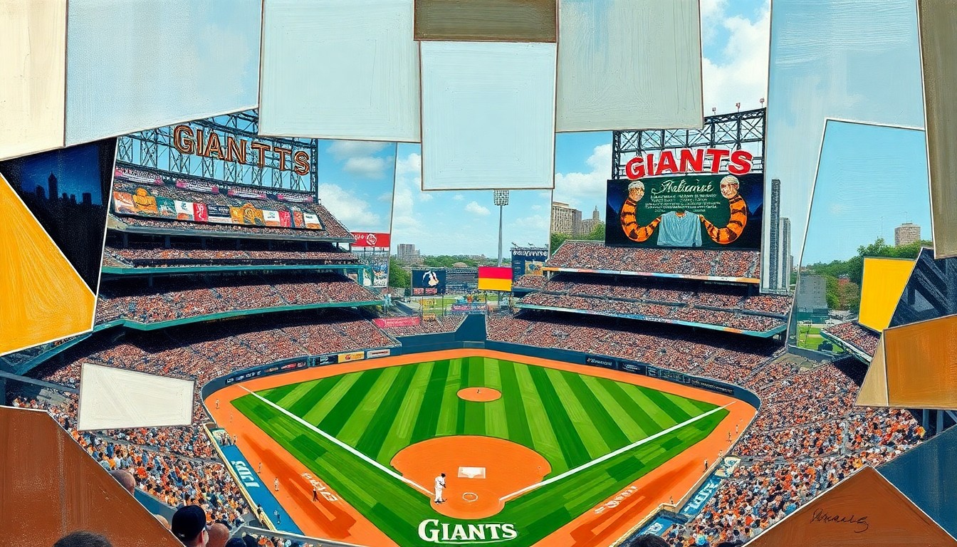 A cubist-style painting depicting a Giants baseball game broken down into sharp, overlapping geometric shapes and planes, conveying the team's tumultuous beginning to the season.
