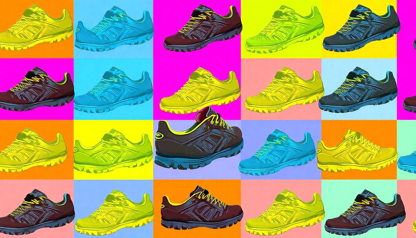 A brightly colored, high-contrast silkscreen print of a single, iconic hiking shoe repeated in a tight grid pattern, utilizing flat, vibrant neon color palettes and heavy black photographic outlines to transform an everyday outdoor product into modern pop art.