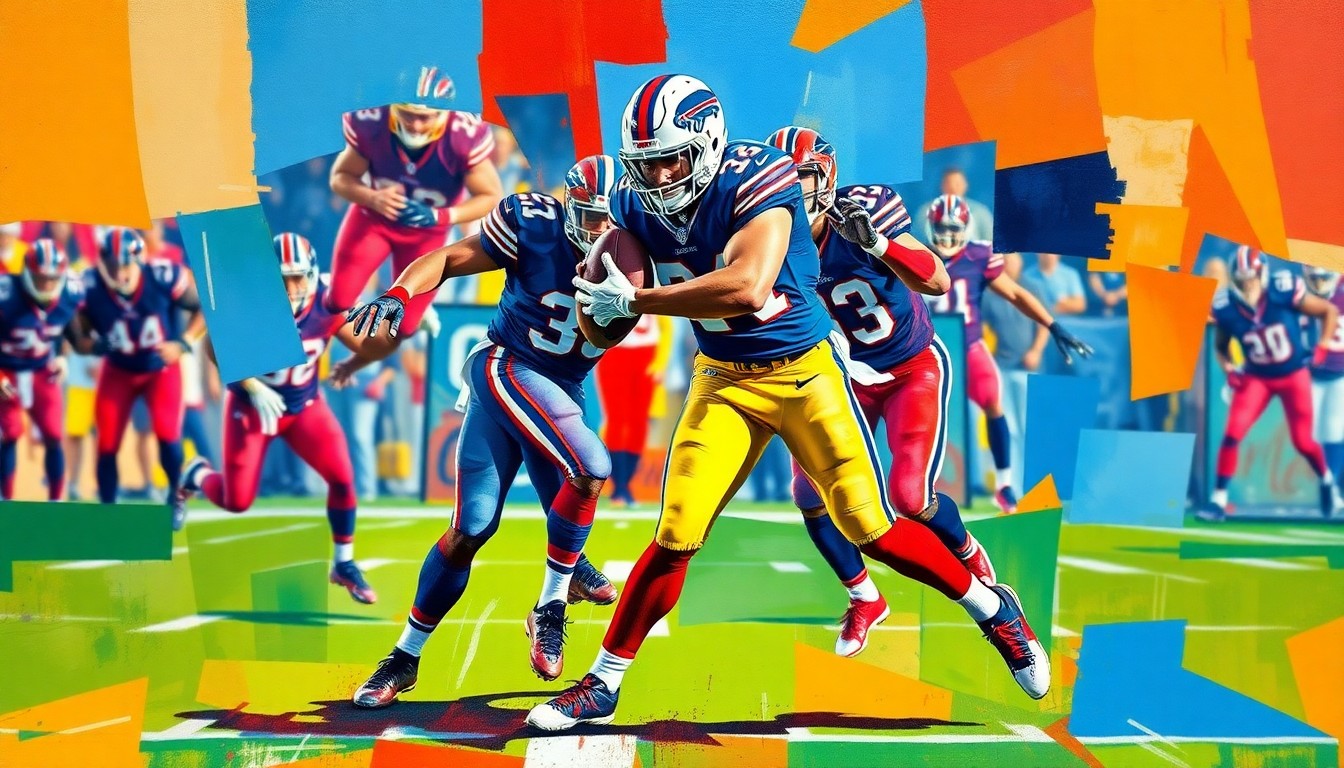 A fractured, geometric painting depicting a football player in mid-air intercepting a pass, with the player's body and the ball broken down into sharp, overlapping planes of blue, red, and white, capturing the dynamic action of the play.