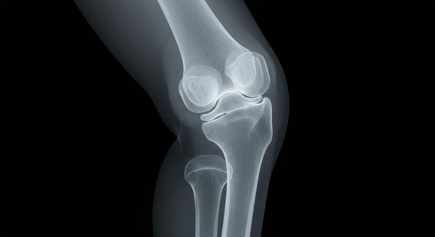 A ghostly, translucent X-ray photograph revealing the intricate internal structures of a human knee joint, symbolizing the technological advancements enabling the shift in orthopedic care delivery.