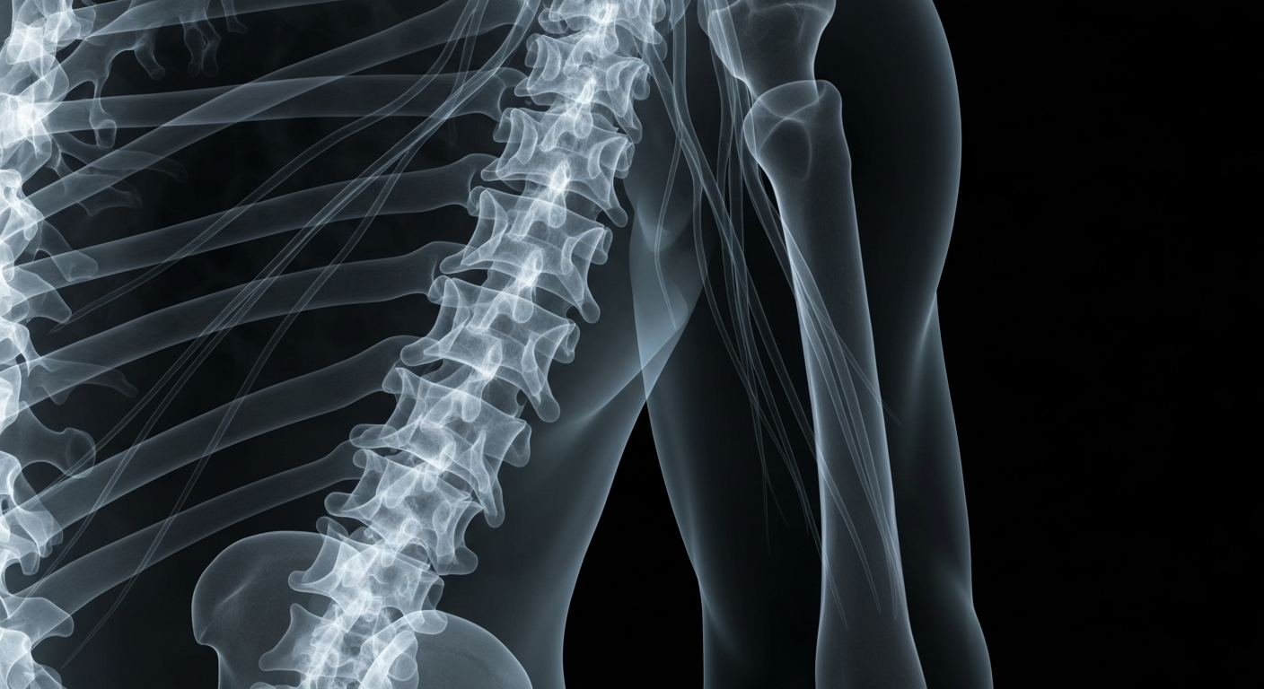 A ghostly, translucent X-ray image revealing the delicate structure of the human spine and nervous system, conceptually representing the clinic's holistic approach to chronic health challenges.