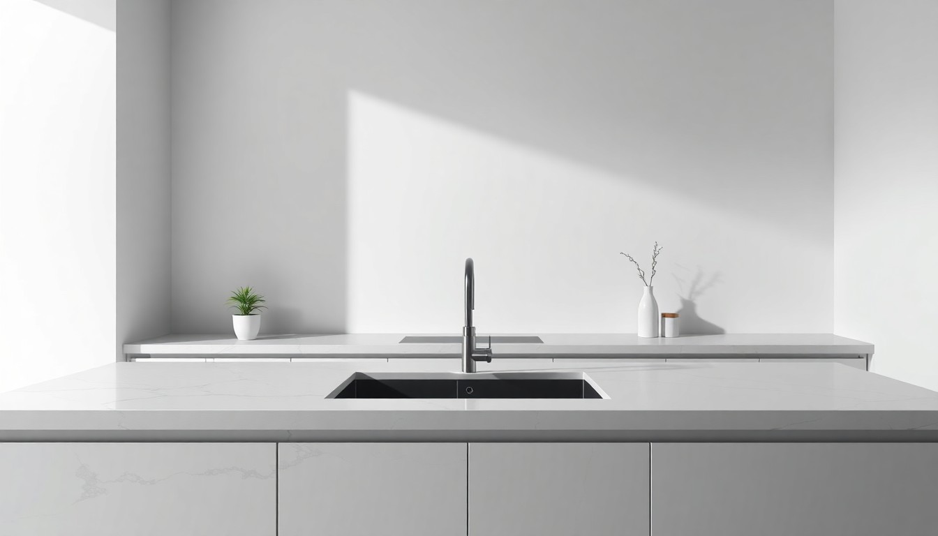 A photorealistic studio still-life photograph featuring a sleek, minimalist kitchen countertop made of premium quartz material, accented by a few carefully arranged accessories, all set against a clean, monochromatic background with dramatic lighting.