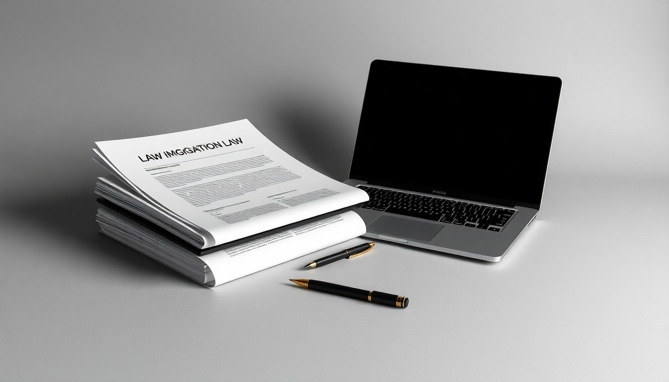 A minimalist, high-contrast studio photograph featuring a stack of legal documents, a laptop, and a pen arranged on a plain white background, conveying the digital transformation of immigration law practices.
