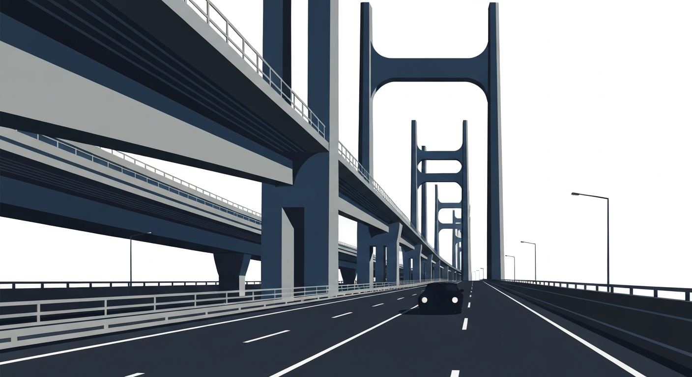 A highly stylized, geometric illustration depicting a towering, streamlined highway overpass structure in shades of grey and blue, with a single car silhouette racing along the road, conceptually representing the grand scale and disruption of highway travel.