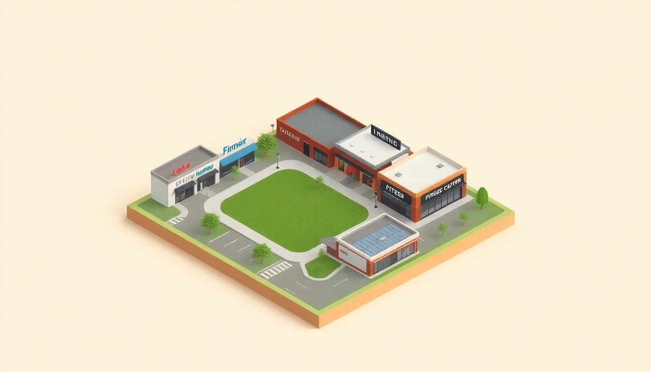 A stylized, isometric 3D illustration depicting a miniature retail development with a central green space surrounded by various retail buildings, junior anchor stores, and a fitness center, all rendered in a clean, modern aesthetic with bold colors and soft lighting.