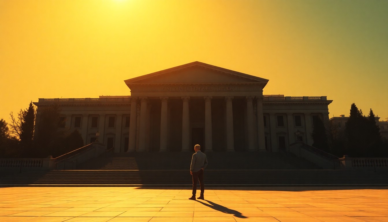 A solitary figure stands in front of a grand, classical building, the Greek Parliament, with warm sunlight and deep shadows creating a contemplative, cinematic mood.