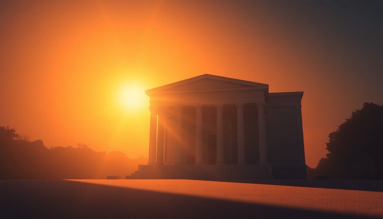 A dimly lit, cinematic painting of a government building in Athens, Greece, with warm light streaming in through the windows and deep shadows across the facade, creating a sense of political transition and uncertainty.