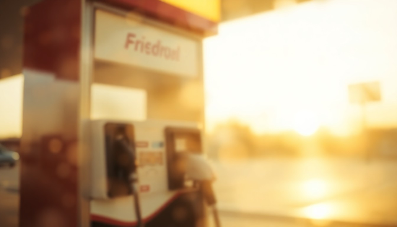 An abstract, impressionistic photograph of a gas station pump and fuel nozzle, captured through a hazy, rain-streaked lens and bathed in warm, golden light, conceptually representing the challenges of rising fuel costs.