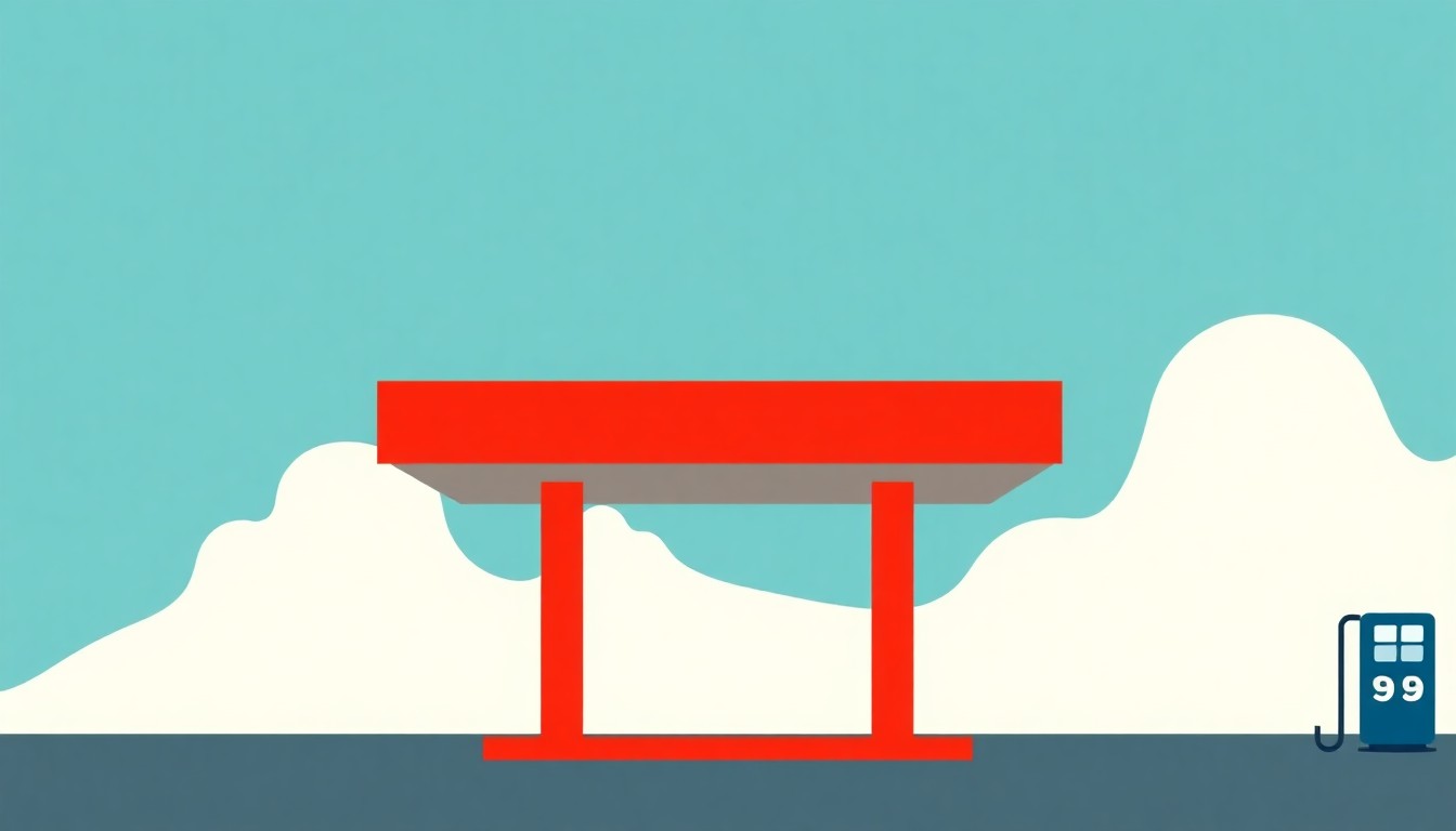 A geometric abstract illustration composed of overlapping triangles and rectangles in shades of red, blue, and yellow, conceptually representing the rising cost of gasoline and its broad economic impact.