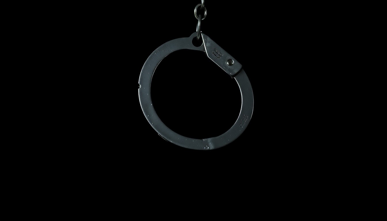 An extreme close-up photograph of a single handcuff against a pitch-black background, the metal texture and dramatic lighting creating a stark, gritty, investigative aesthetic.