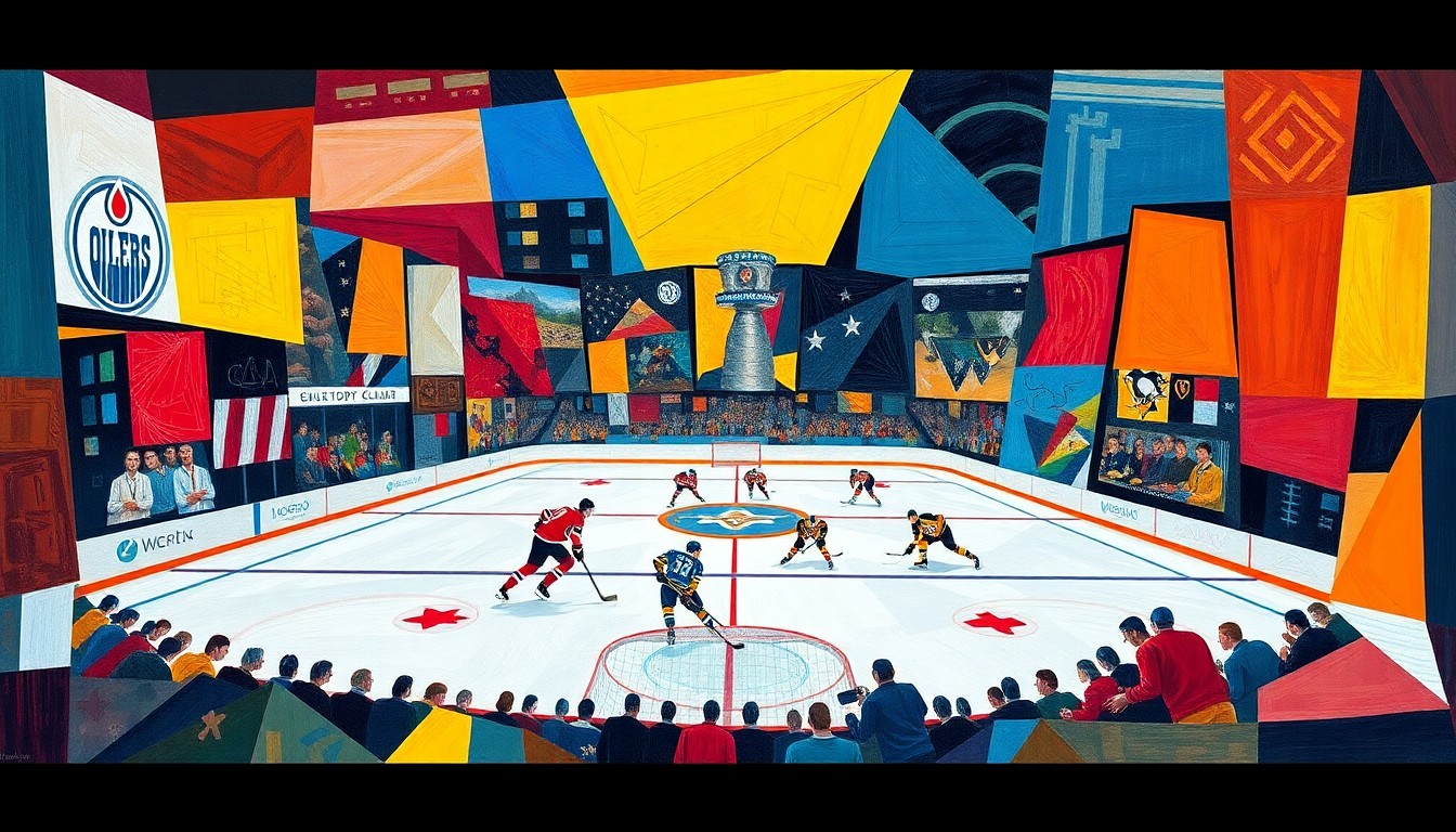 A cubist, geometric painting depicting a hockey game in progress, with the players and ice surface broken down into sharp, overlapping planes of color representing the Oilers and Penguins uniforms.