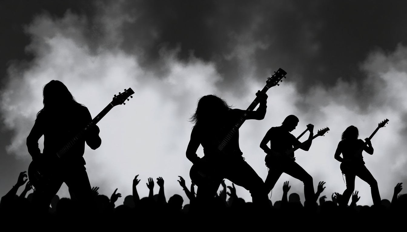 A striking abstract illustration using bold black shapes and vibrant colors to capture the raw power and emotional intensity of heavy metal music, representing the legacy of a beloved musician.