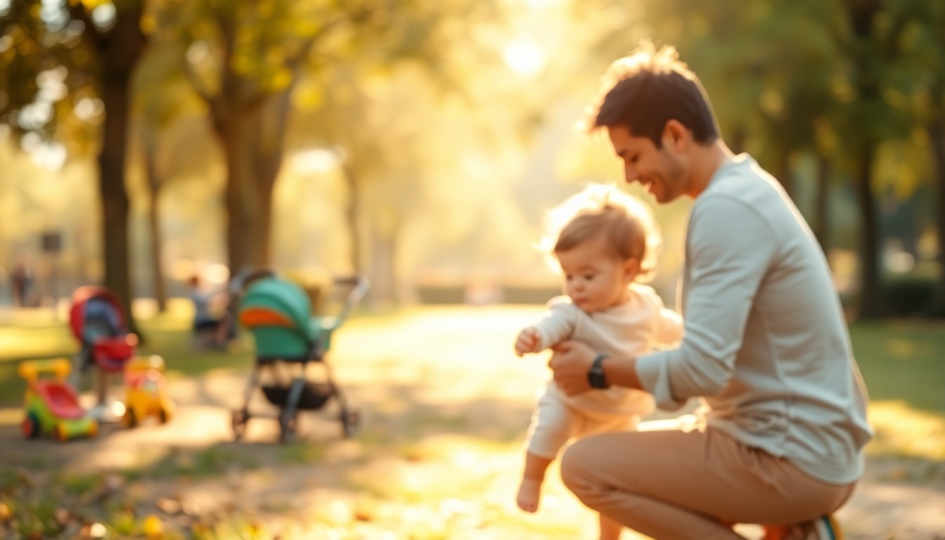 An abstract, impressionistic photograph of a parent and child playing together in a park, with blurred shapes of baby gear in the background, conveying a sense of warmth, intimacy, and community support for young families.
