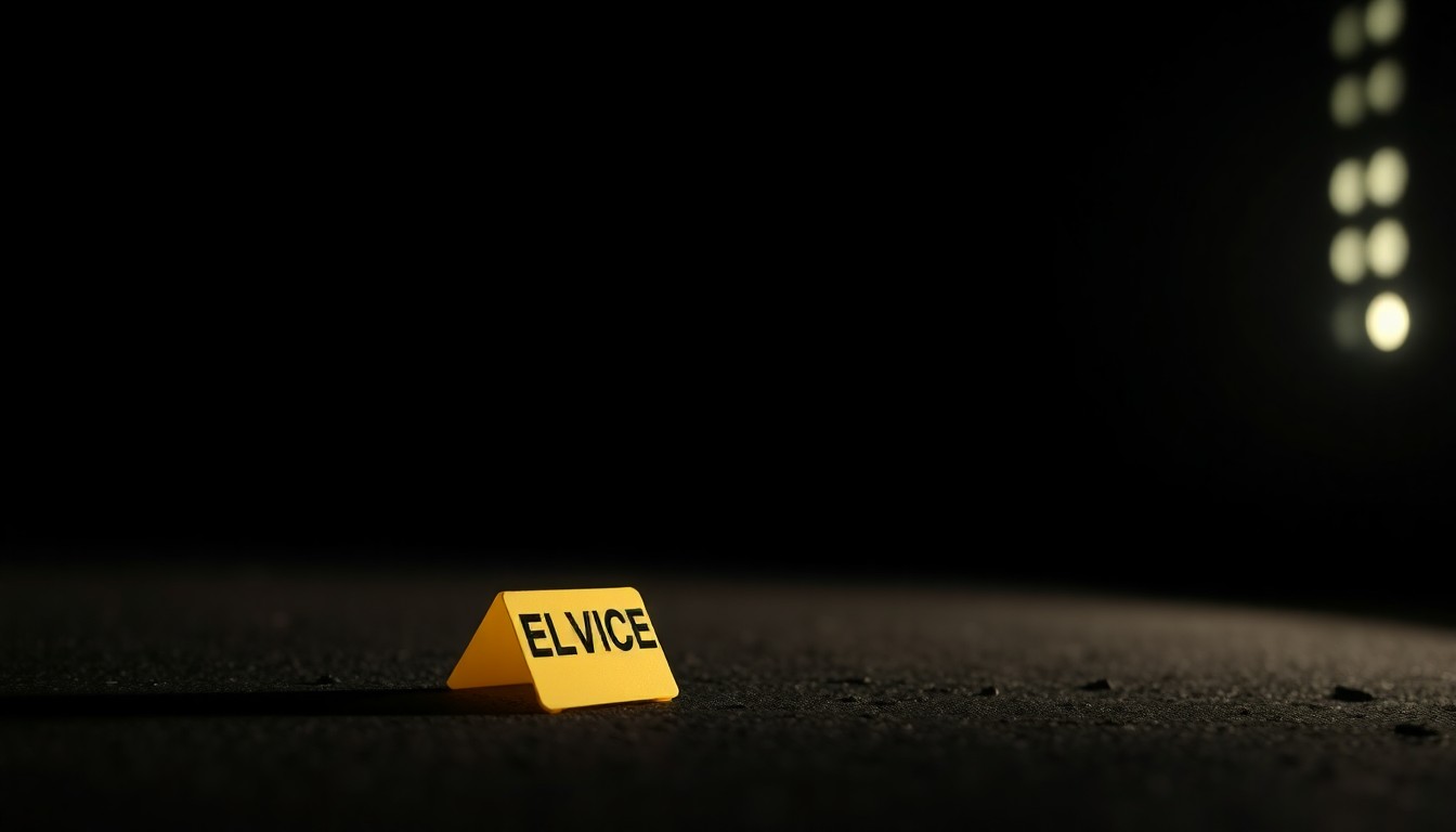 An extreme close-up photograph of a police evidence marker on the ground, creating a stark, gritty, investigative aesthetic.