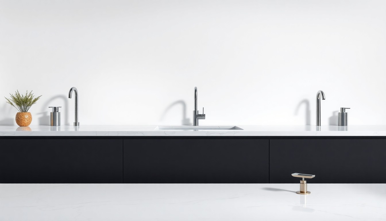 A high-end, photorealistic studio still-life photograph featuring a selection of polished granite countertops, sleek faucets, and modern cabinet hardware arranged elegantly on a clean, monochromatic background, conceptually representing the refined craftsmanship and attention to detail that GBC Kitchen and Bath Columbia brings to its renovation projects.