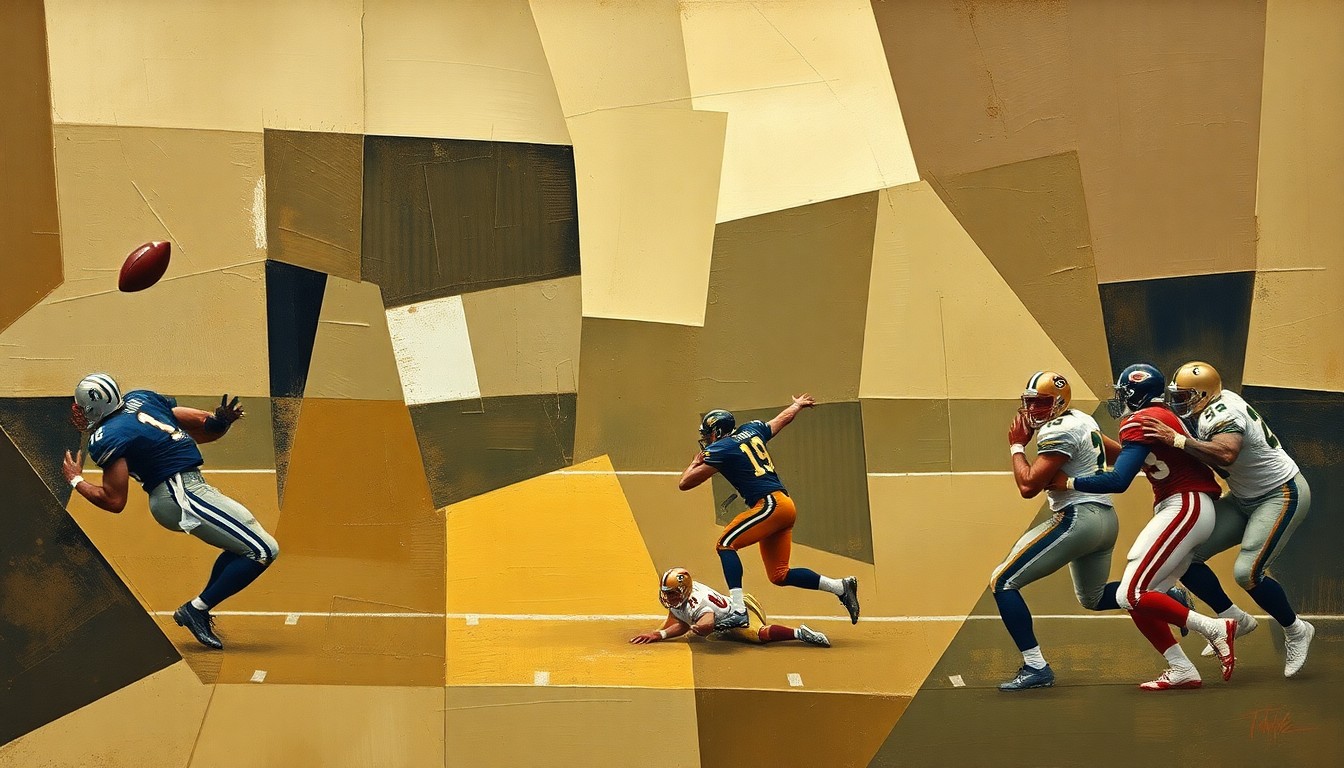 A fragmented, geometric painting depicting a football player in motion, broken down into sharp, overlapping planes of muted earth tones, conveying the complexity and multiple perspectives surrounding Andrew Luck's retirement from the NFL.