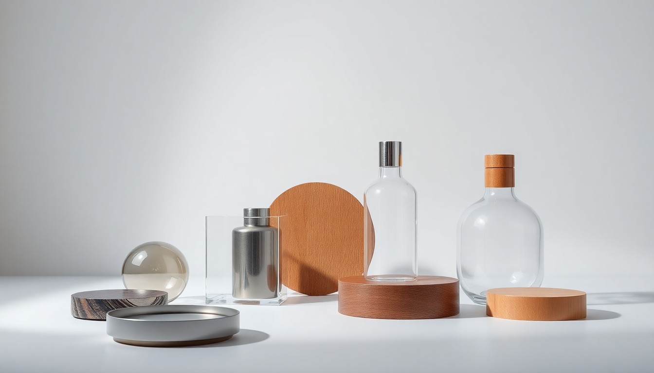 A minimalist studio still life photograph featuring a collection of polished, geometric objects arranged elegantly on a clean, monochromatic background, conceptually representing Primient's strategic focus on sustainable bio-based solutions.