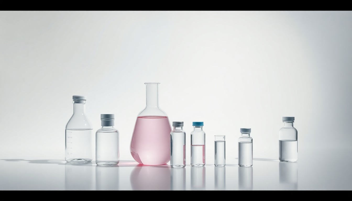 A photorealistic studio still life featuring an arrangement of glass laboratory beakers and vials on a clean white background, conveying the precision and innovation of the pharmaceutical industry.