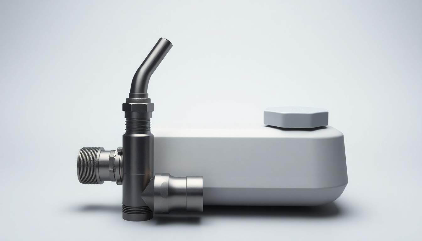 A photorealistic studio still life featuring polished metal pipeline fittings, a sleek fuel pump nozzle, and a smooth cylindrical storage tank cap arranged elegantly on a clean, monochromatic background, conceptually representing the abstract concepts of energy logistics, supply chains, and market performance.