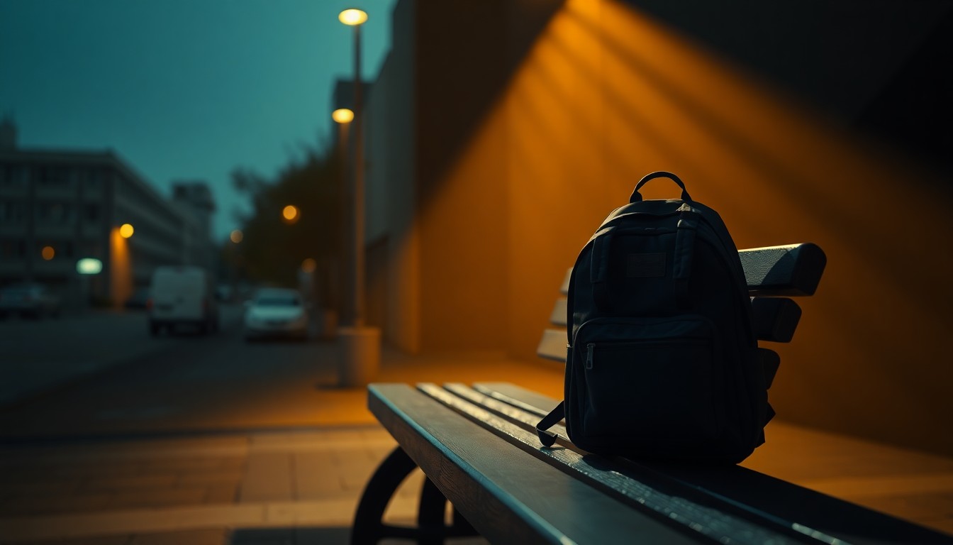 A solitary, empty school backpack sitting on a bench in a dimly lit urban setting, conveying a sense of melancholy and the lasting impact of a traumatic event on a young child.
