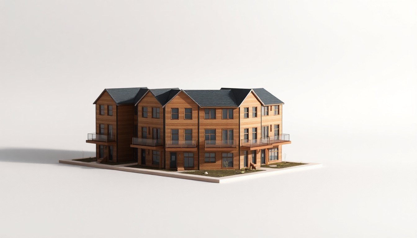A photorealistic studio still life of a scale model of a modern townhome complex, using polished materials and dramatic lighting to symbolize progress on a new residential development in a Milwaukee suburb.