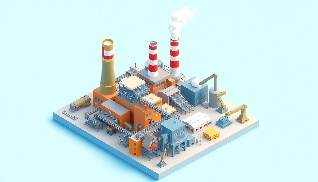 A highly detailed, colorful 3D digital illustration depicting a miniature manufacturing plant with smokestacks, conveyor belts, and robotic arms, representing the innovative and vibrant nature of Vermont's production industry.