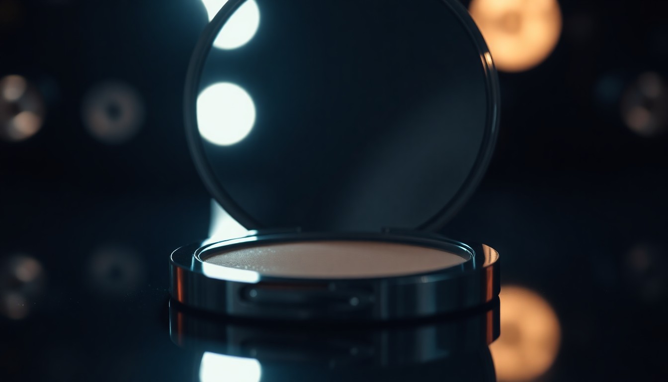 An extreme close-up photograph of a metallic makeup compact, its surface reflecting dramatic studio lighting in a high-contrast, glamorous aesthetic, conceptually representing the anticipation and preparation of a news anchor's return to television.