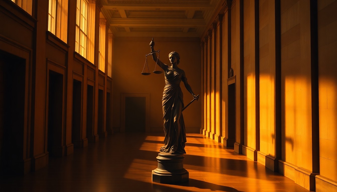 A cinematic painting of a solitary bronze statue of Lady Justice standing alone in an empty, dimly lit government building hallway, the figure bathed in warm diagonal sunlight and deep shadows, conceptually representing the judiciary's role as a guardian of the Constitution.
