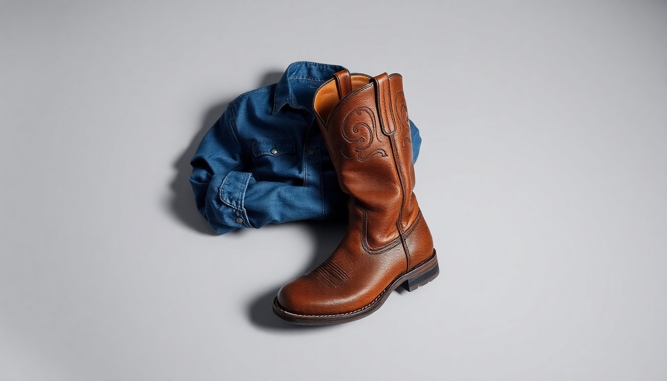 A photorealistic studio still life featuring a pair of worn leather cowboy boots, a denim shirt, and a silver belt buckle arranged on a clean, monochromatic background, conceptually representing the premium quality and rugged style of western workwear.