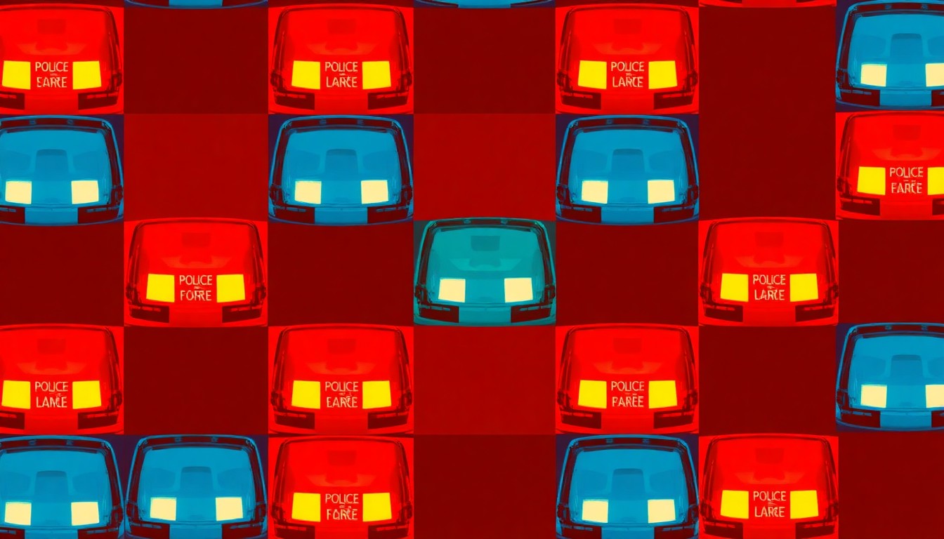 A bold, colorful silkscreen-style illustration featuring a repeating pattern of a police car siren light in neon shades of blue, pink, and yellow, conceptually representing law enforcement's efforts to enhance training and outreach for individuals with autism.
