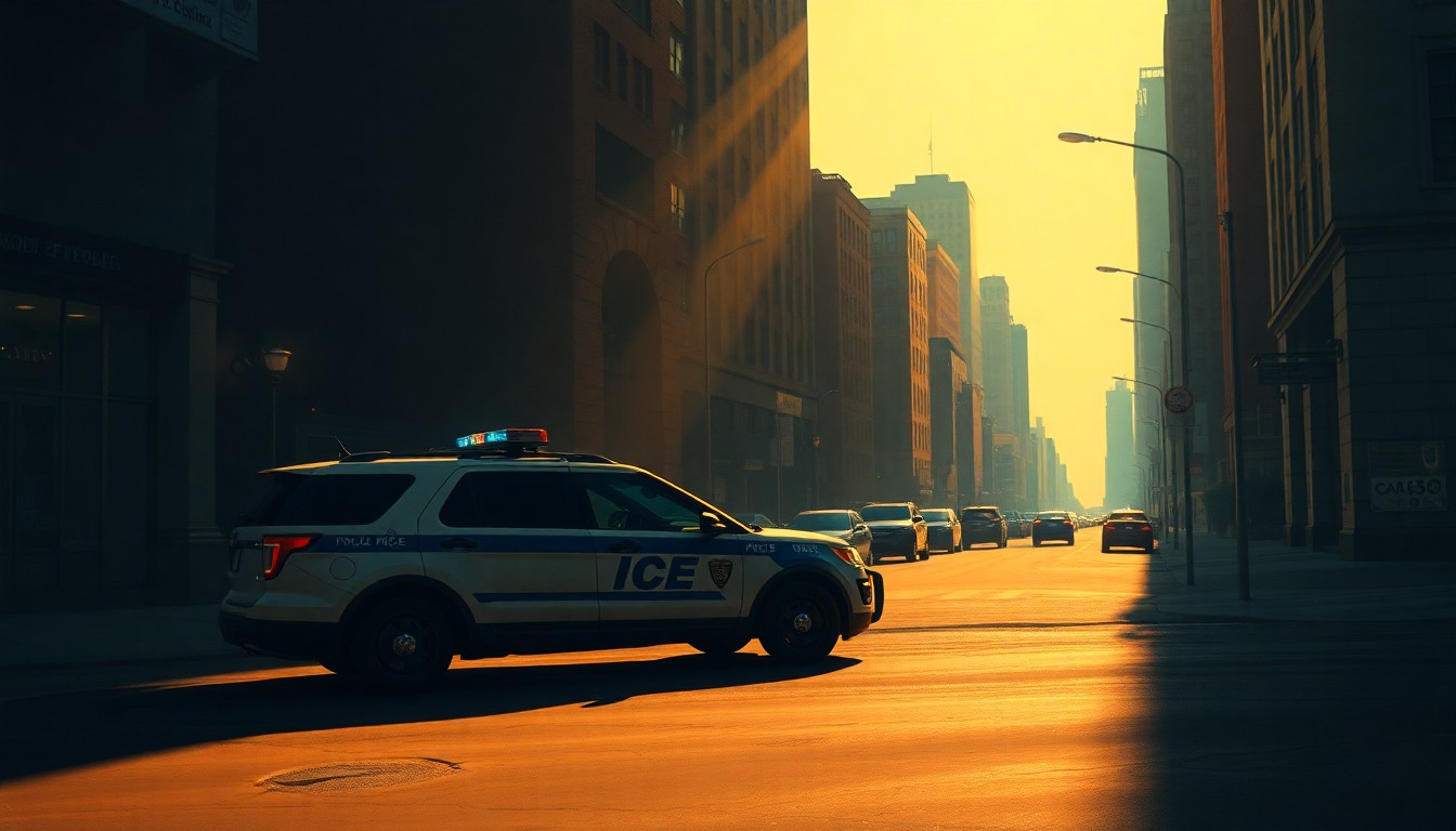 A photorealistic painting in the style of Edward Hopper, depicting an ICE agent's vehicle parked alone on a deserted city street, with warm sunlight and deep shadows creating a contemplative, cinematic mood.