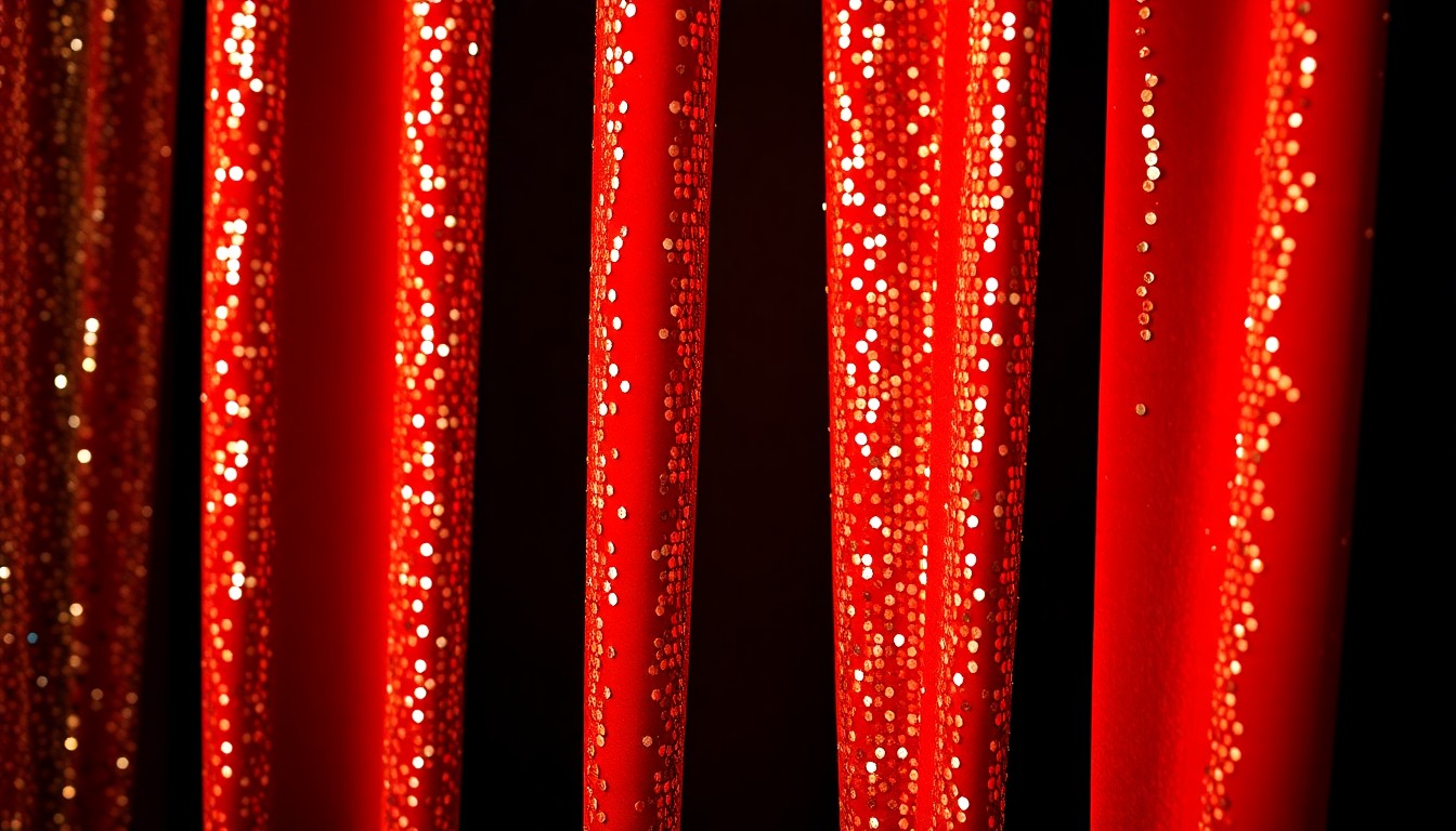 An extreme close-up of shimmering sequins on a rich red velvet theater curtain, capturing the luxurious textures and dramatic lighting of a Broadway production.