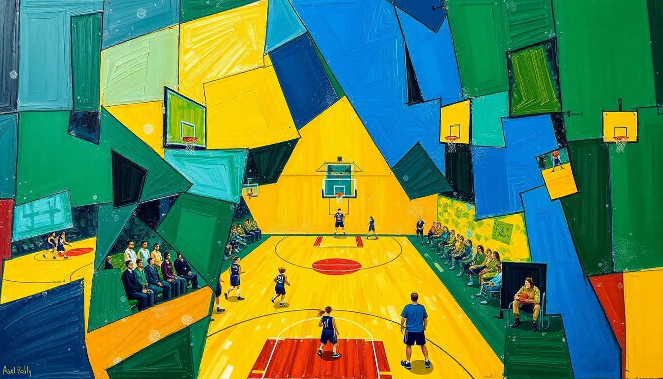 A fractured, multi-perspective painting in a cubist style, breaking down a girls basketball game into sharp, overlapping geometric shapes and planes in a vibrant color palette, conceptually representing the team's historic offensive and defensive performances.