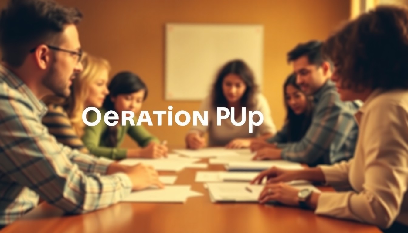 An abstract, out-of-focus photograph in soft, warm tones depicting a group of people gathered around a table, conceptually representing the collaborative nature of the Operation Round Up program.