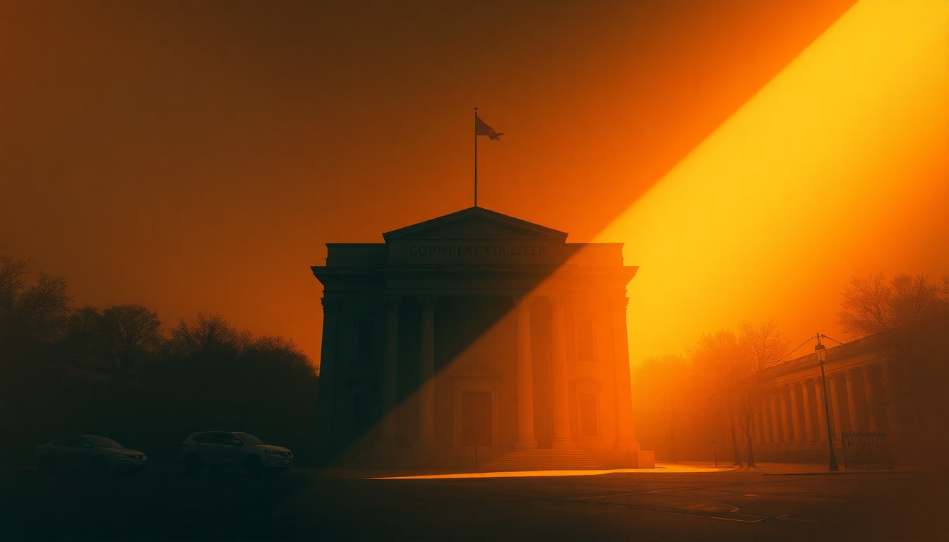 A photorealistic painting of a government office building in warm, golden light, with deep shadows casting an air of mystery and intrigue over the scene.