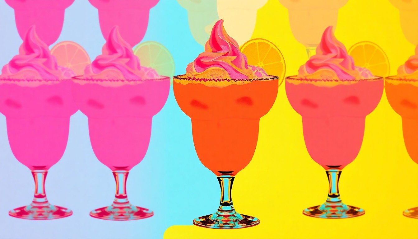 A vibrant, high-contrast silkscreen print of a single soft-serve margarita glass repeated in a grid, rendered in a bold, pop art style with neon colors and heavy black outlines, conceptually representing the trendy new frozen cocktail offering at AJ's Tacos.